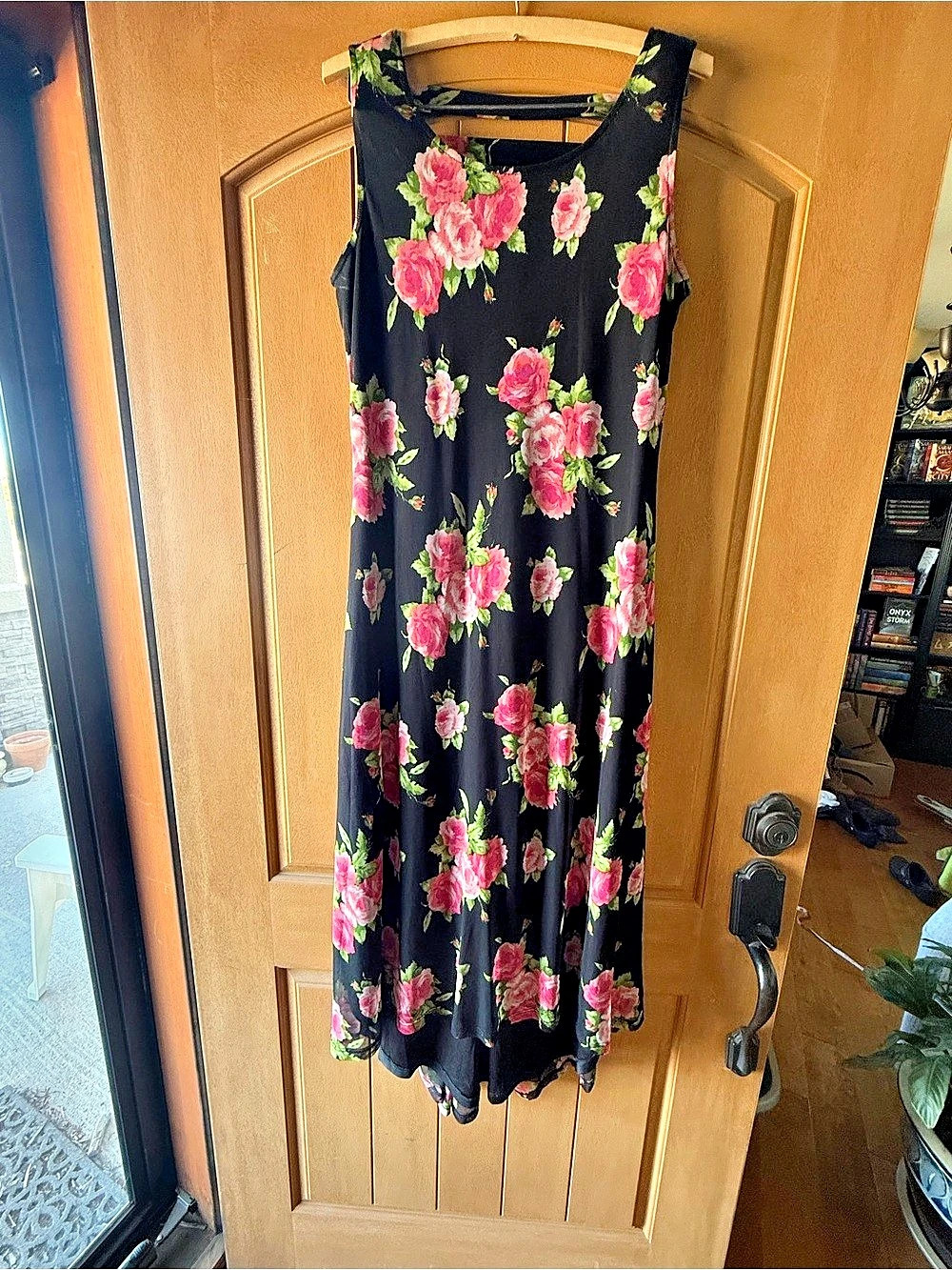 Vintage 90s Nina Leonard Black Pink Rose Floral Maxi high/low Dress Strappy Back